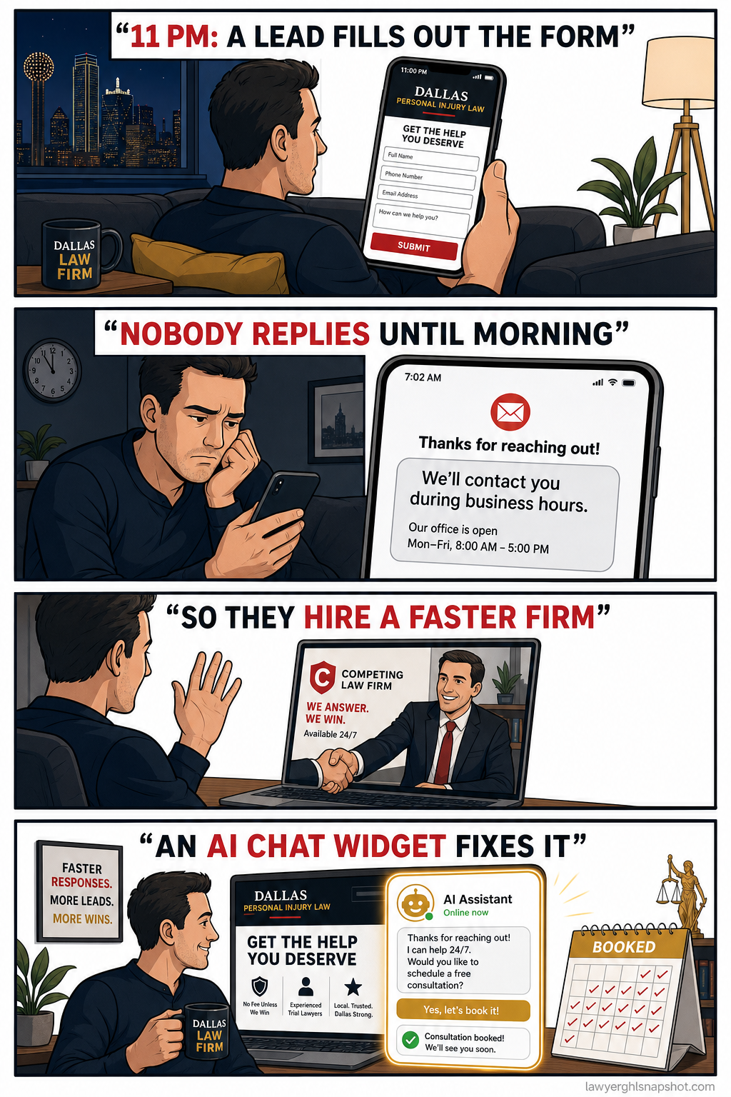 Four-panel comic showing a Dallas law firm owner losing a website lead at 11 p.m. when no one replies to the contact form, the prospect hiring a competitor, then an AI chat widget answering and booking a consultation 24/7, ending with a full calendar