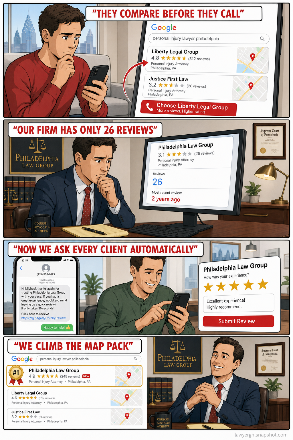 Four-panel comic showing a Philadelphia law firm's review gap story: a prospect comparing two firms on Google and choosing the one with more reviews, a partner realizing the firm has only 26 old reviews, an automated system texting a happy client for a review, and the firm climbing the Google map pack